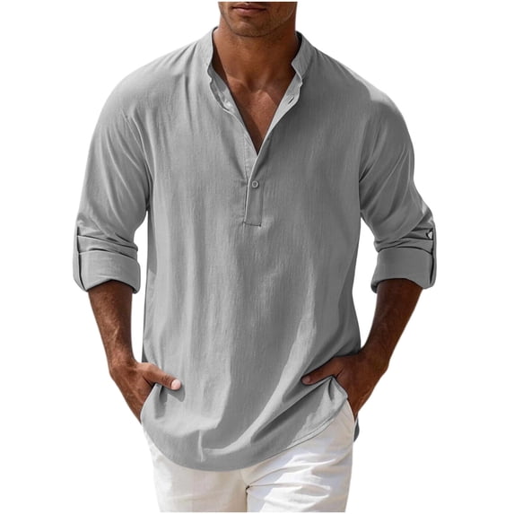 Hurxie Mens Linen Henley Shirts Casual Long Sleeve Hippie Yoga Tops Lightweight Summer Beach T-Shirt Gray,XL