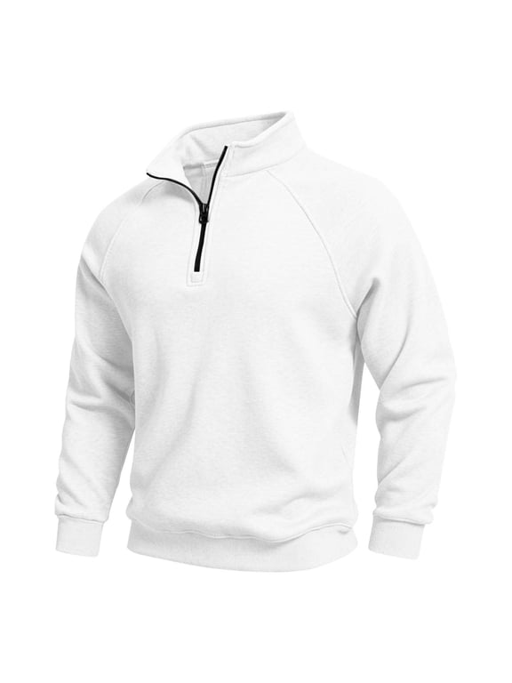 Mens Long Sleeve Quarter Zip Pullover Fleece Warmth Mock Neck Solid Youth Sweatshirt Winter Clothes for Men White,M