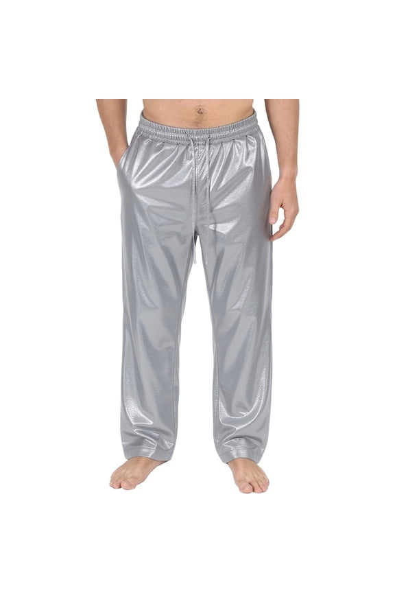 Mens Metallic Shiny Pants Disco Rave Costume Sparkly Holographic Party Pants with Drawstring Pockets Gray,M
