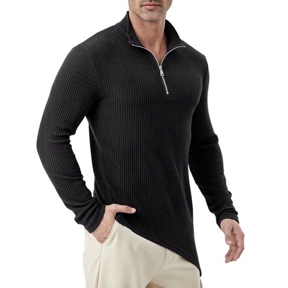 Hurxie Mens Quarter-Zip Pullover Sweater Casual Mock Neck Winter Warm Ribbed Sweaters Black,S