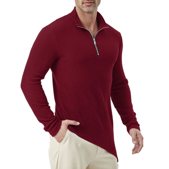 Hurxie Mens Quarter-Zip Pullover Sweater Casual Mock Neck Winter Warm Ribbed Sweaters Red,2XL