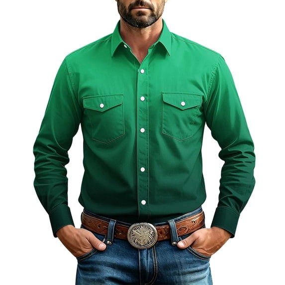 Hurxie Mens Shirts Button Down Long Sleeve Work Shirt Mens Casual Cowboy Cut Shirts with Two Pockets Green,XL