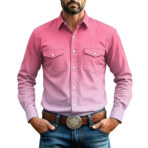 Hurxie Mens Shirts Button Down Long Sleeve Work Shirt Mens Casual Cowboy Cut Shirts with Two Pockets Pink,2XL