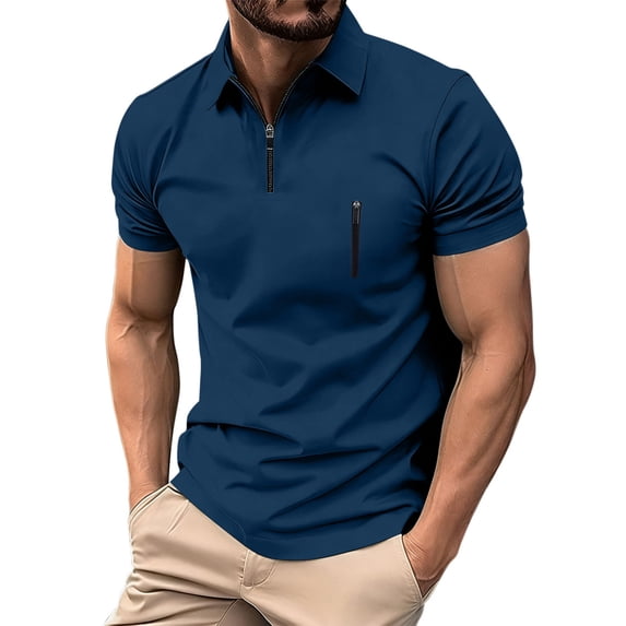 Hurxie Mens Shirts Quarter Zip Shirts Casual Classic Lightweight Short Sleeve Golf Collared Shirt with Pocket Navy,XL
