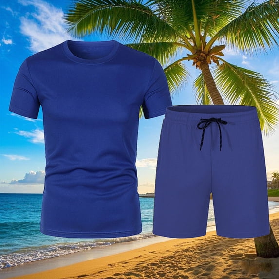Hurxie Mens Short Sets 2 Piece Outfits Short Sleeve Crewneck Summer T Shirt and Drawstring Casual Track Shorts Set Blue,M
