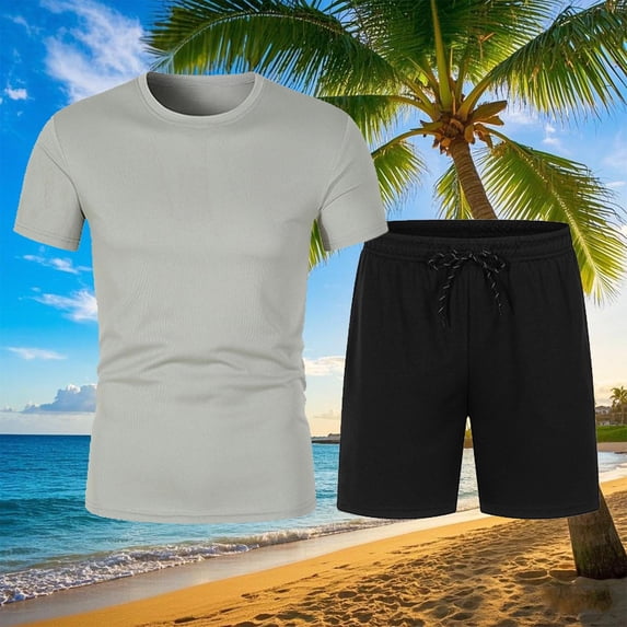 Hurxie Mens Short Sets 2 Piece Outfits Short Sleeve Crewneck Summer T Shirt and Drawstring Casual Track Shorts Set Silver,S