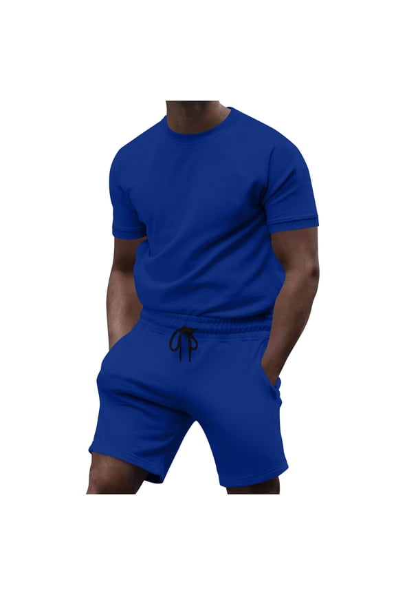 Mens Short Sets 2 Piece Outfits Summer Casual T Shirts and Shorts Tracksuit Sets with Pockets Blue,3XL