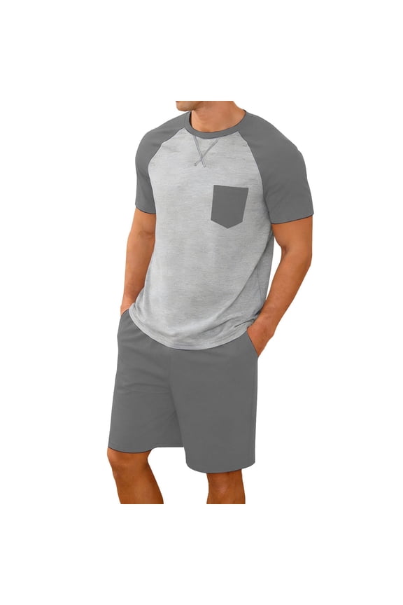 Mens Short Sets 2 Piece Outfits Summer Casual T Shirts and Shorts Tracksuit Sets with Pockets Gray,L