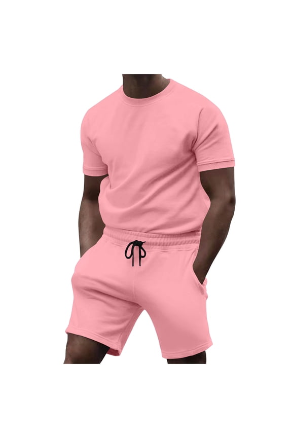 Mens Short Sets 2 Piece Outfits Summer Casual T Shirts and Shorts Tracksuit Sets with Pockets Pink,M