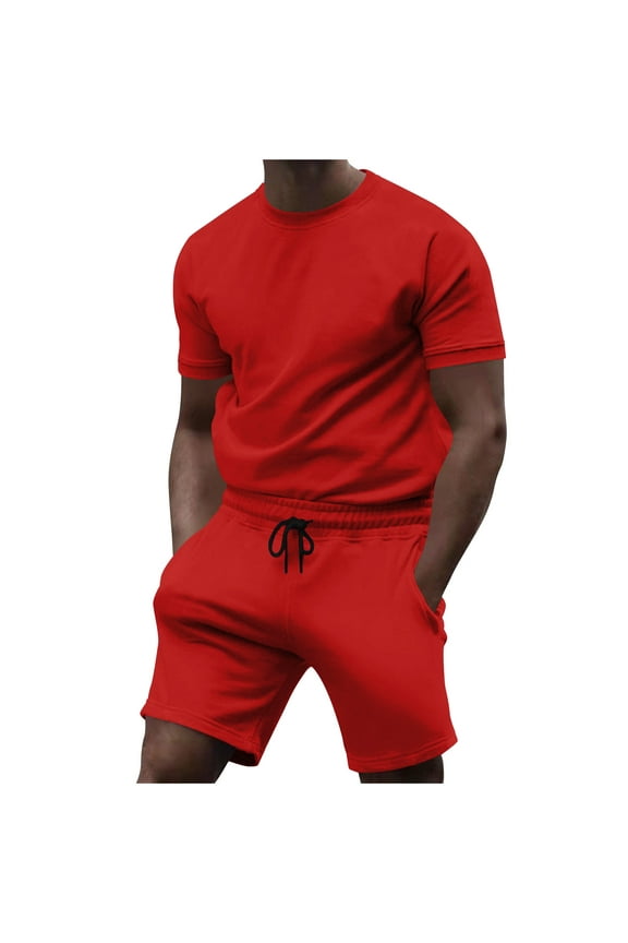 Mens Short Sets 2 Piece Outfits Summer Casual T Shirts and Shorts Tracksuit Sets with Pockets Red,XL