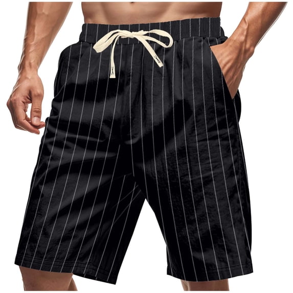 Hurxie Mens Striped Casual 7" Shorts Summer Beach Elastic Waist Drawstring Shorts with Pockets Black,S