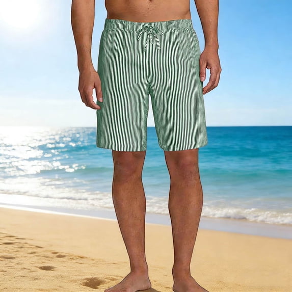 Hurxie Mens Striped Casual 7" Shorts Summer Beach Elastic Waist Drawstring Shorts with Pockets Green,XXL