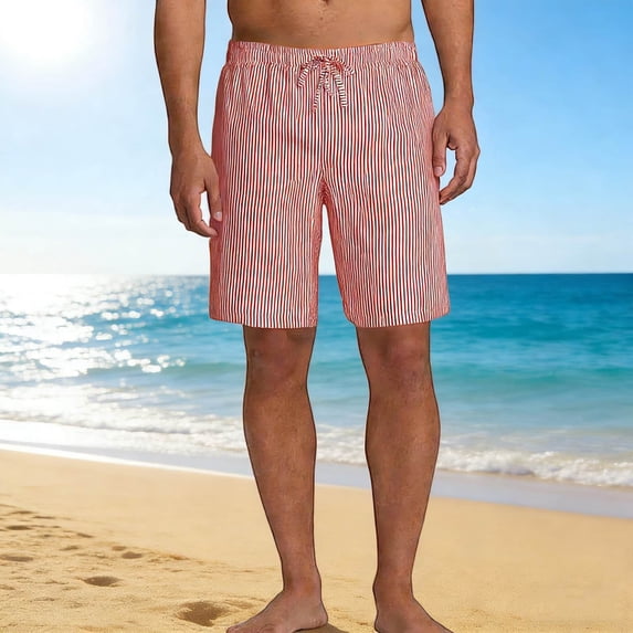 Hurxie Mens Striped Casual 7" Shorts Summer Beach Elastic Waist Drawstring Shorts with Pockets Red,M