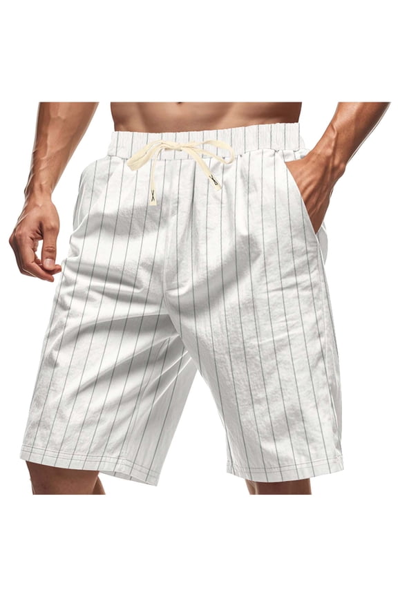 Mens Striped Casual 7" Shorts Summer Beach Elastic Waist Drawstring Shorts with Pockets White,XL