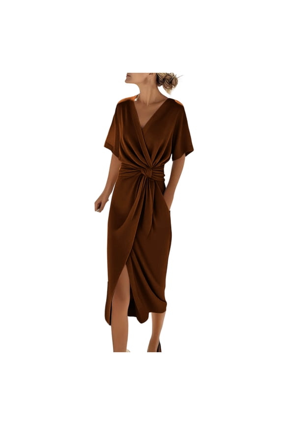Midi Cocktail Dresses for Women Wedding Guest V Neck Ruffle Spring Summer A Line Formal Dress Flowy Party Gown Wedding Brown,2XL