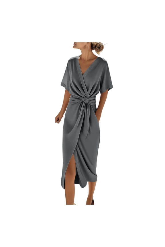 Midi Cocktail Dresses for Women Wedding Guest V Neck Ruffle Spring Summer A Line Formal Dress Flowy Party Gown Wedding Gray,L