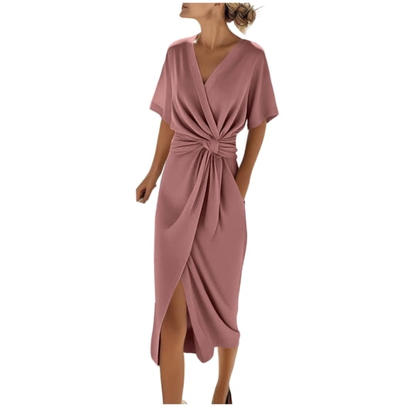 Hurxie Midi Cocktail Dresses for Women Wedding Guest V Neck Ruffle ...