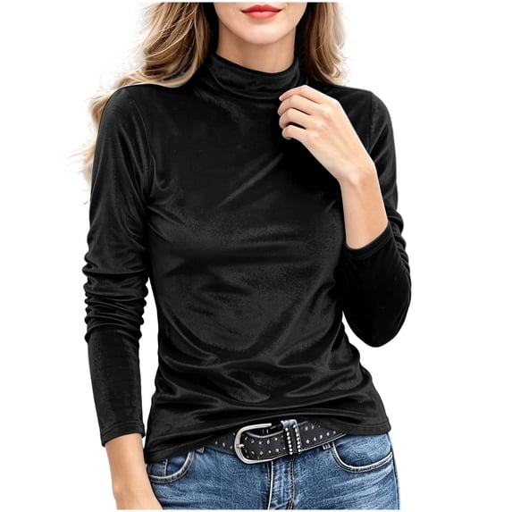 Hurxie Mock Turtleneck Tops for Women Velour Undershirt Long Sleeve Lightweight Slim Fitted Basic Casual Shirts Black,2XL