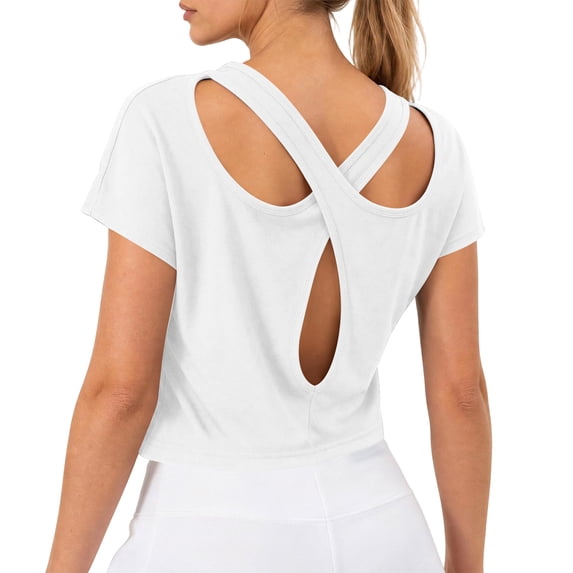 Hurxie Open Back Workout Tops for Women Loose Fit Athletic Crop Tee Short Sleeve Gym Running Yoga Shirt White,S