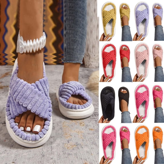 Hurxie Open Toe Slippers for Women Fuzzy Slippers Cross Band Cozy Memory Foam Slip On Plush House Shoes Indoor Outdoor Slide Slipper Orange 44