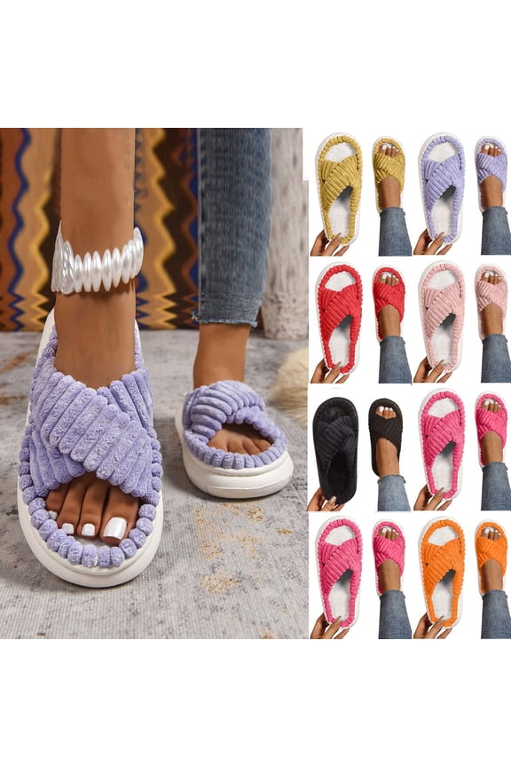 Open Toe Slippers for Women Fuzzy Slippers Cross Band Cozy Memory Foam Slip On Plush House Shoes Indoor Outdoor Slide Slipper Pink 36