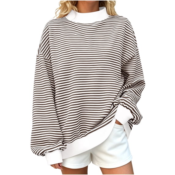 Hurxie Oversized Striped Mock Neck Sweatshirt Women Turtleneck Pullover Long Sleeve Tops Spring Fall Outfits Brown,5XL
