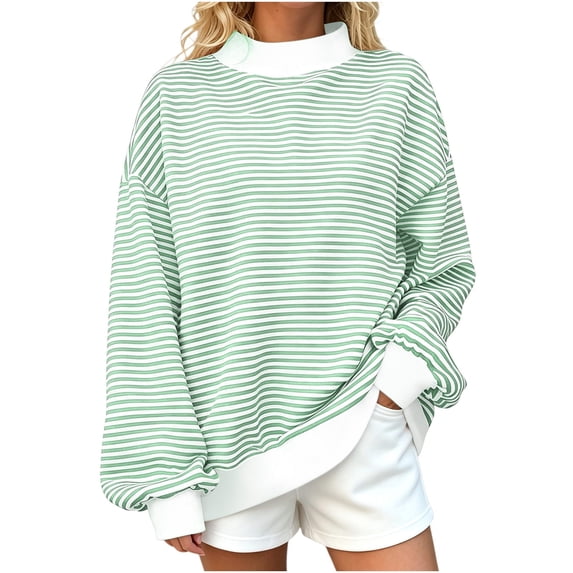 Hurxie Oversized Striped Mock Neck Sweatshirt Women Turtleneck Pullover Long Sleeve Tops Spring Fall Outfits Green,3XL