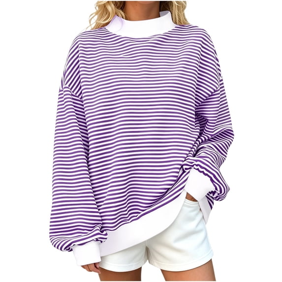 Hurxie Oversized Striped Mock Neck Sweatshirt Women Turtleneck Pullover Long Sleeve Tops Spring Fall Outfits Purple,2XL