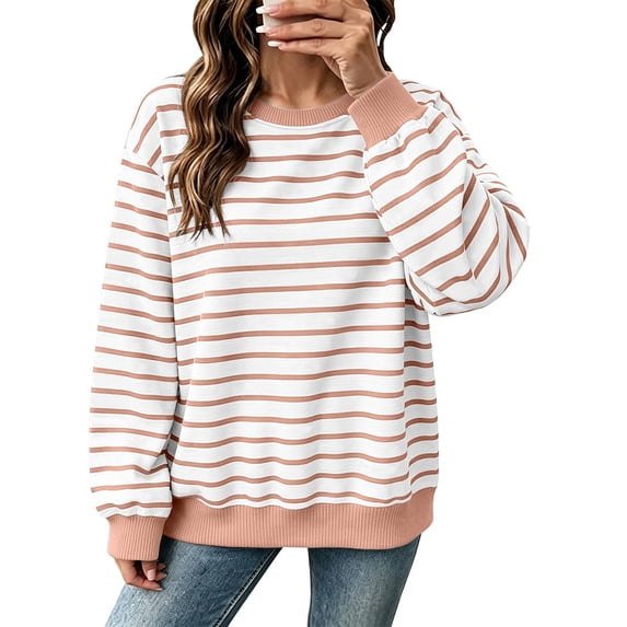 Hurxie Oversized Sweatshirt for Women Crewneck Striped Shirt Long Sleeve Tops Pullover Womens Fall Fashion