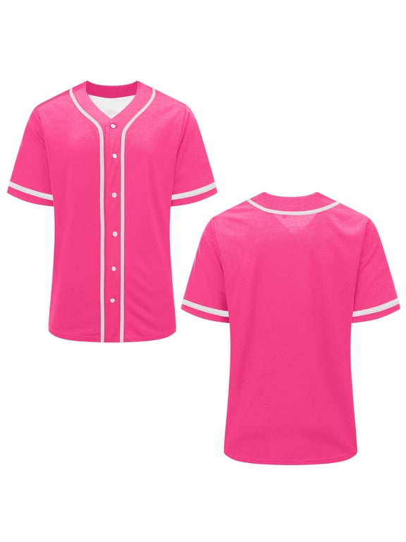Plain Blank Baseball Jerseys for Men Women Adult Hip Hop Hipster Button Down Shirts Sports Uniforms Outfits Hot Pink,S