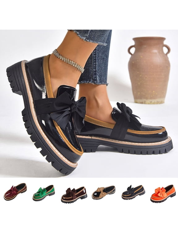 Platform Loafers for Women - Women's Slip-On Leather Loafers, Chunky Comfort Shoes for Work & Dressy Occasions Army Green 36