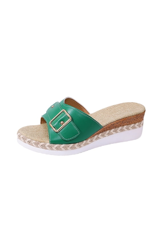 Platform Wedges Sandals for Women Summer Slip on Espadrille Flatform Slides Open Toe Adjustable Buckle Bohemia Beach Raffia Beach Sandals Green 36