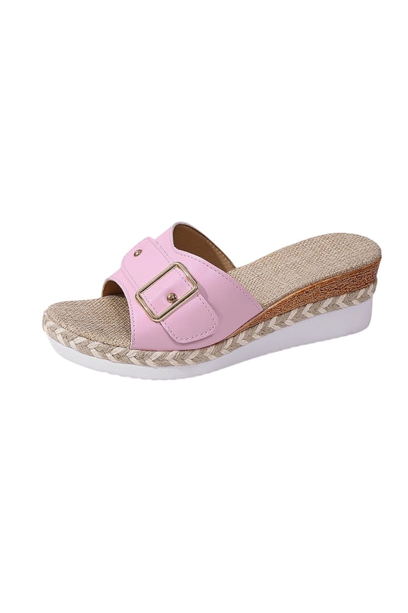 Platform Wedges Sandals for Women Summer Slip on Espadrille Flatform Slides Open Toe Adjustable Buckle Bohemia Beach Raffia Beach Sandals Pink 36