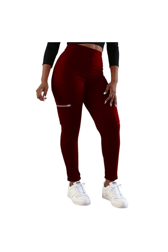 Plus Size Leggings for Women with Pockets High Waisted Compression Tummy Control Workout Gym Yoga Pants Wine L