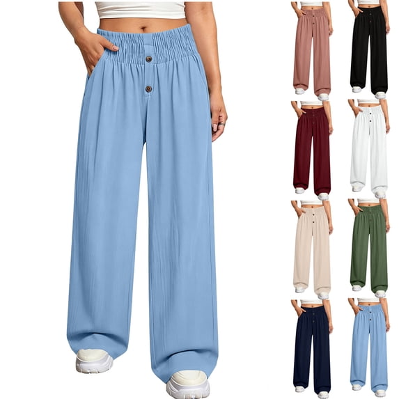 Hurxie Plus Size Pants for Women Drawstring Waist Wide Leg Palazzo Beach Pants with Pockets Black,L
