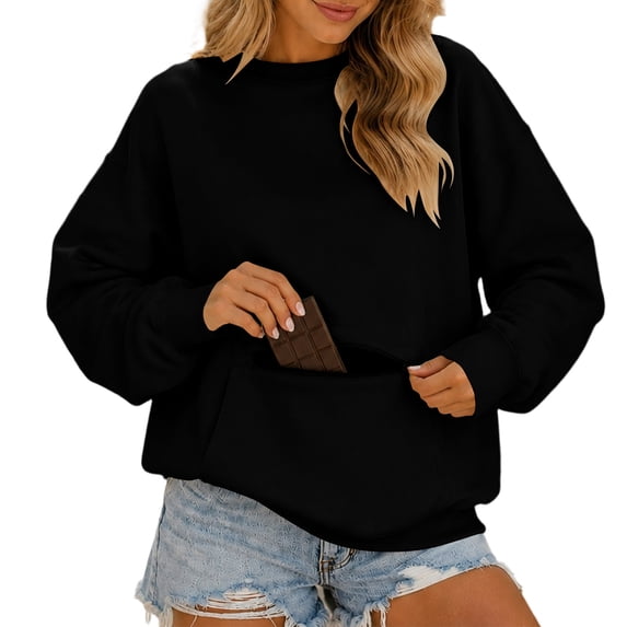 Hurxie Plus Size Sweatshirts for Women Oversiezd Long Sleeve Shirts Dressy Crewneck Trendy with Zipper Pockets Pullover Tops Black,L