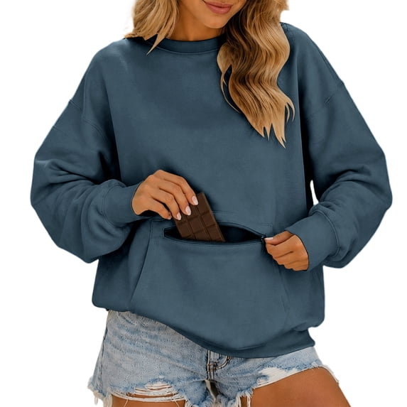 Hurxie Plus Size Sweatshirts for Women Oversiezd Long Sleeve Shirts Dressy Crewneck Trendy with Zipper Pockets Pullover Tops Blue,L