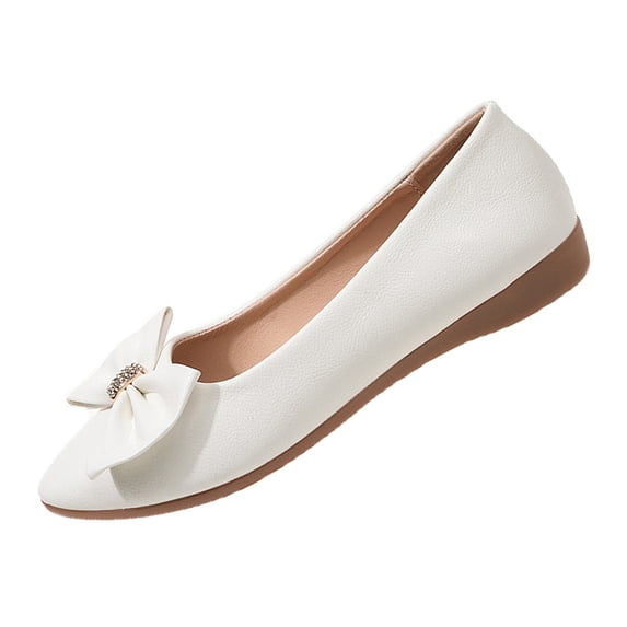 Hurxie Pointed Toe Ballet Flats for Women Slip On Comfortable Flats with Bow Dressy Casual Work Shoes White 5.5