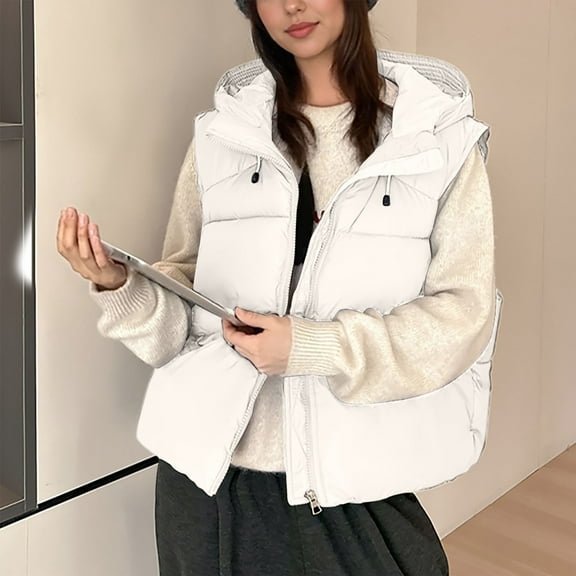 Hurxie Puffer Vest Women Sleeveless Zip Up Outerwear Stand Collar Quilted Vest Warm Winter Jackets Coats with Pocket White L