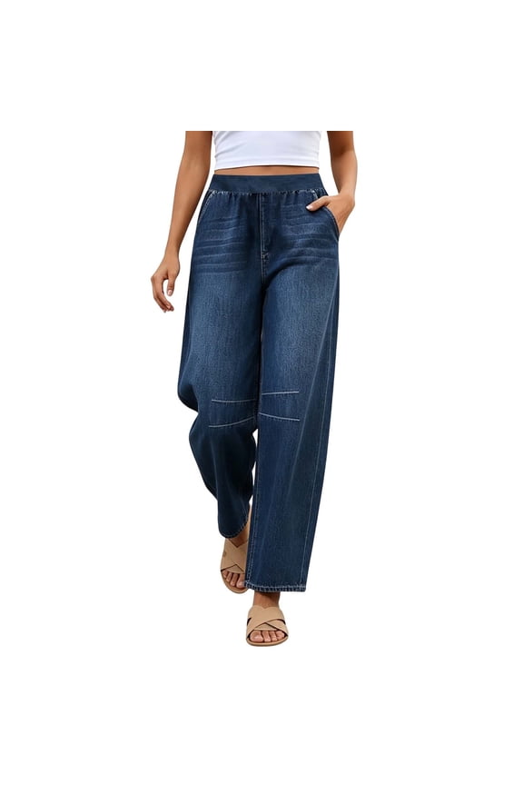 Pull On Womens Jeans Baggy Stretchy High Waisted Denim Wide Leg Trouser Pants Trendy Front Seam Loose Jean Dark Blue,S