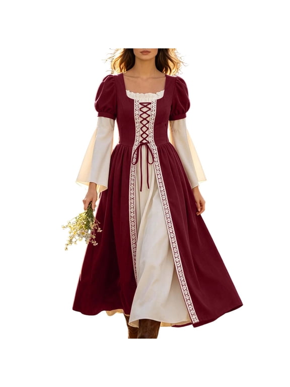Renaissance Costume Women Peasant Medieval Dress Maxi Fairy Dresses with Bell Sleeve Vintage Ren Faire Outfit