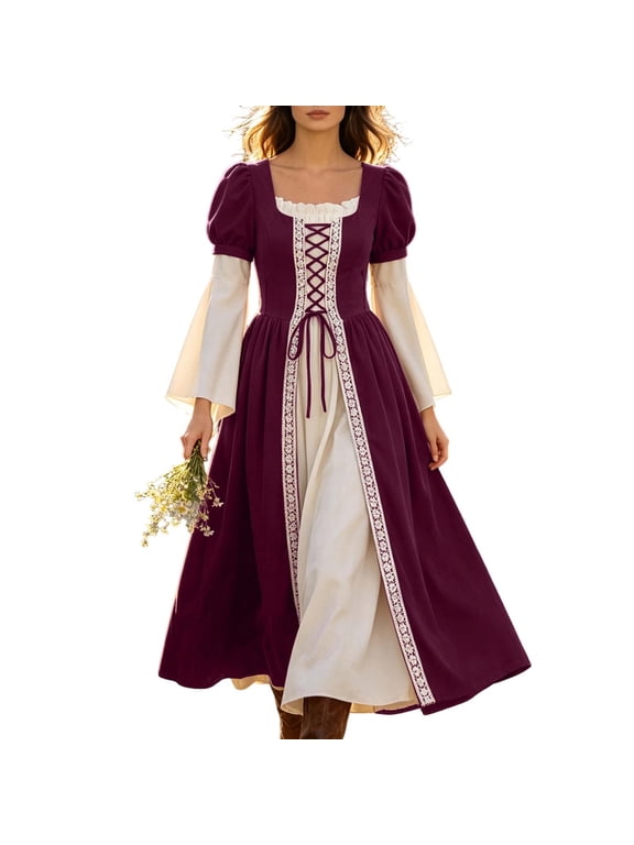 Renaissance Costume Women Peasant Medieval Dress Maxi Fairy Dresses with Bell Sleeve Vintage Ren Faire Outfit