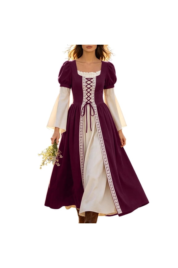Renaissance Costume Women Peasant Medieval Dress Maxi Fairy Dresses with Bell Sleeve Vintage Ren Faire Outfit