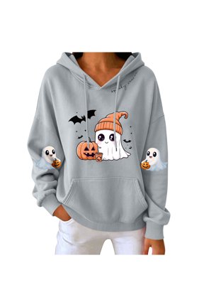 Retro Ghost Print Halloween Women's Hoodie, Loose Daily Top