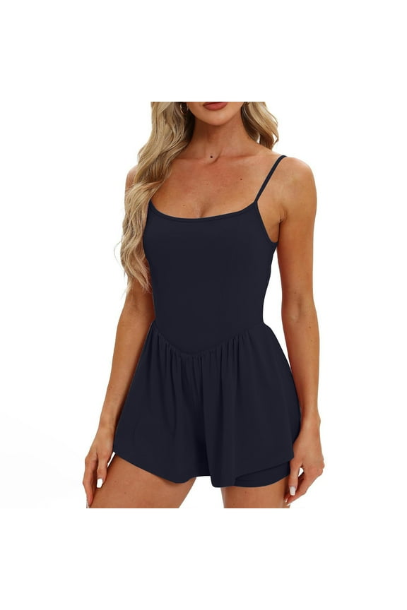 Rompers for Women Summer Sleeveless Scoop Neck Tank Top Casual Short Jumpsuit Rompers with Pockets Dark Blue L