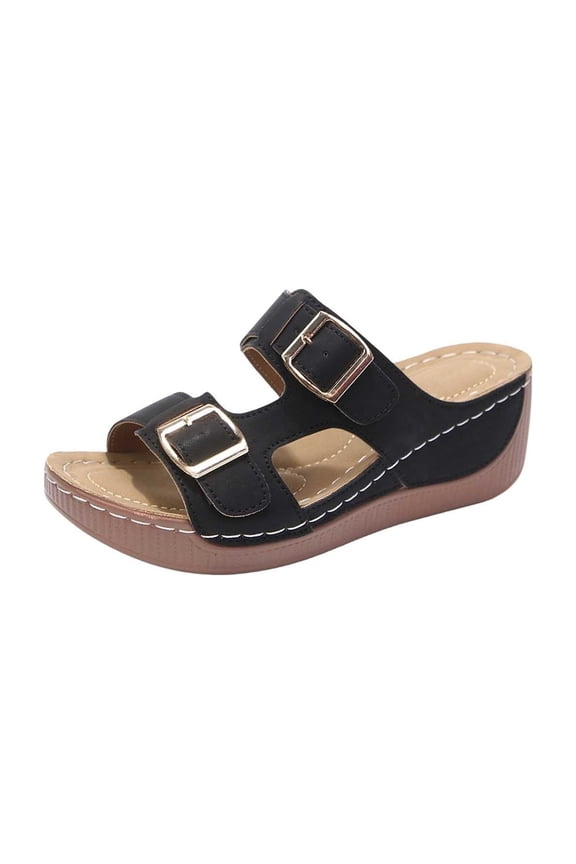 Sandals Women Sole Earth Womens Sandals | Leather Double-Buckle Slides Women Dress Shoes for Women Black 7