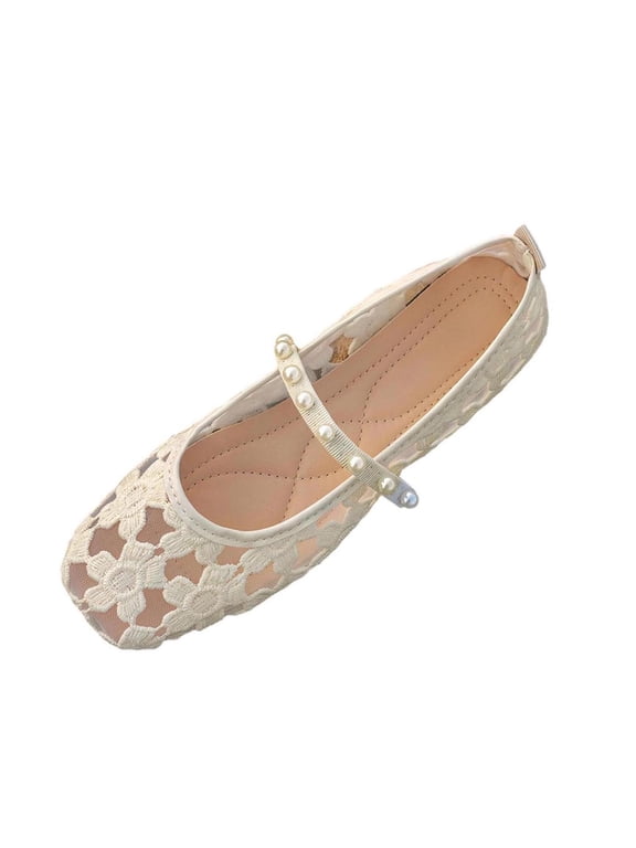 Women's Mesh Ballet Flats Comfortable Dressy Trendy Square Closed Toe Maryjane Flat Shoes Beige 6.5