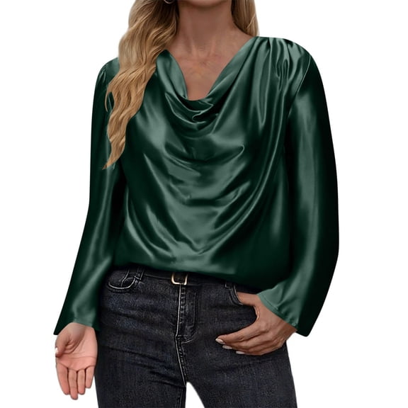 Hurxie Satin Blouses for Women Silk Button Down Shirts Long Sleeve Business Casual Tops Army Green M