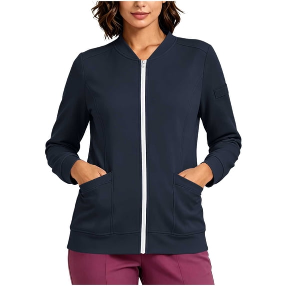 Hurxie Scrub Jackets for Women Zipper Bomber Jacket Medical Nurse Coats with Pockets Navy,S