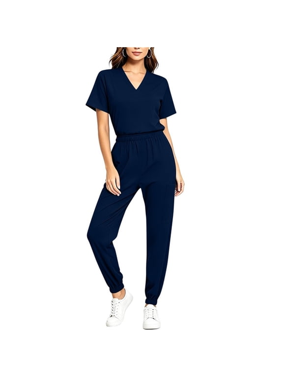 Scrubs Medical Uniform Women and Man Scrubs Set Medical Scrubs Top and Pants Navy,S